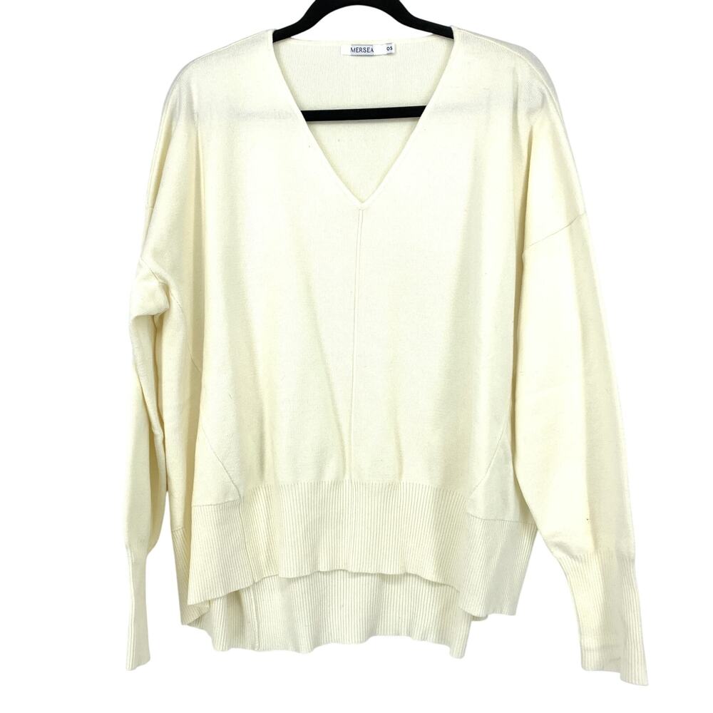 Mersea Toujours V-Neck Sweater Womens One Size Cream Long Sleeve Hi Low Hem